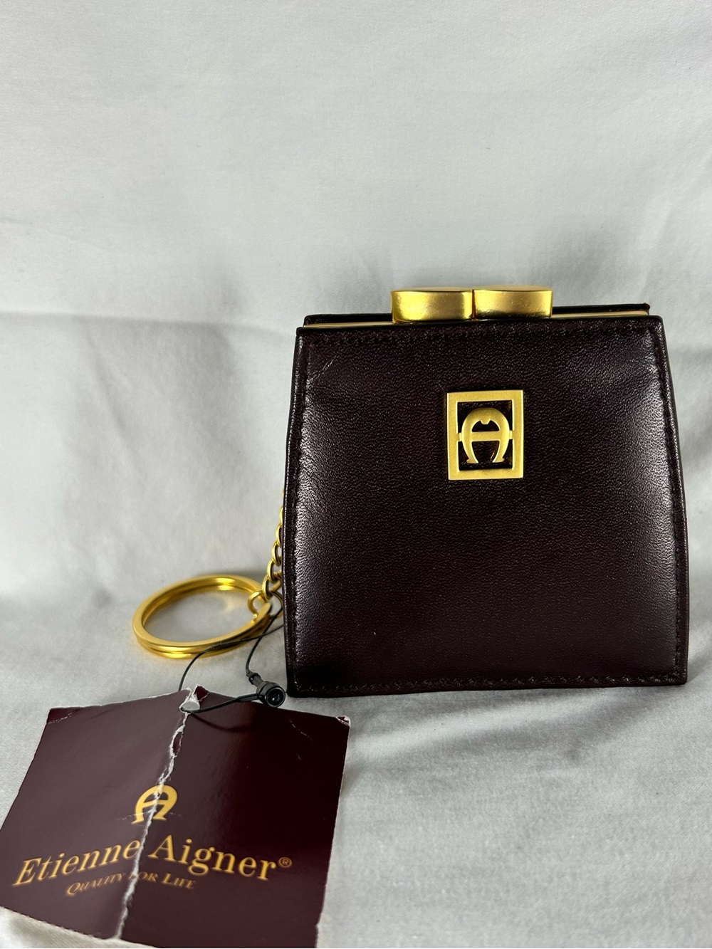 Etienne Aigner Deep Burgundy Leather Key & Card Holder with Gold Hardware